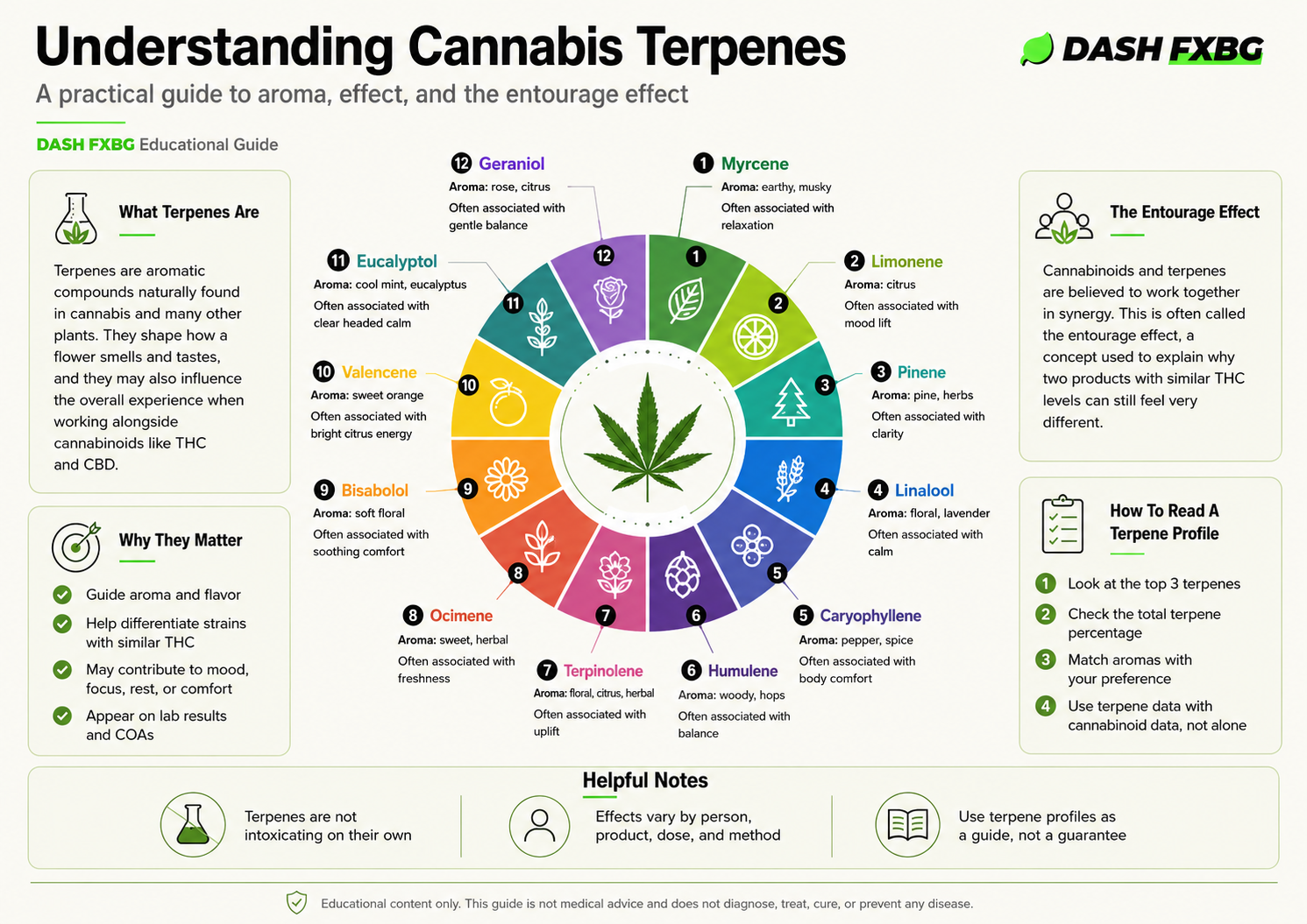 DASH FXBG Terpene Wheel Infographic detailing aromas, sources, and effects of cannabis terpenes
